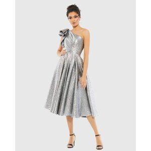 MAC DUGGAL Size 6 Silver Metallic One SHOULDER BOW MIDI BROCADE DRESS 67906 New